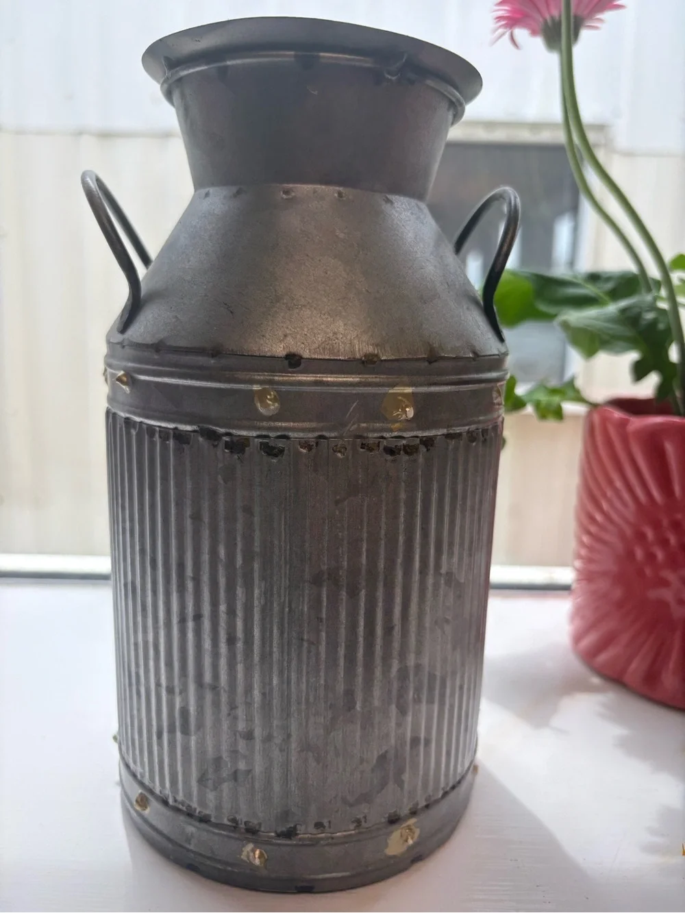Metal Decorative Milk Can w/ Handles, Rustic Farmhouse, 9 in Tall Candle Holder